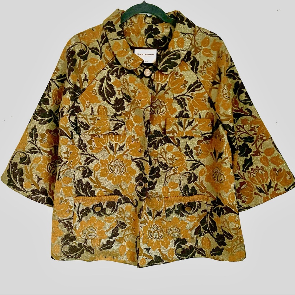 Erika Cavallini Gold Floral Metallic Jacquard Wool Blend Blazer Jacket 6 EUC